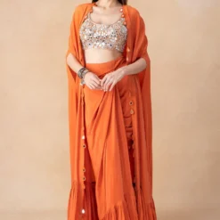 Arpita Mehta Orange Mirror Embellished Cape Set