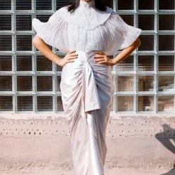 431-88 By Shweta Kapur Silver Satin Draped Skirt