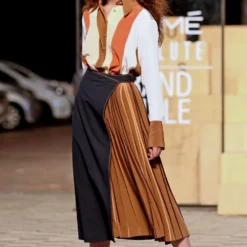 Bodice Pleated Silk Skirt With Denim Overlap