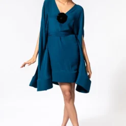 Gauri & Nainika Teal V Neck Dress With Cape Sleeves