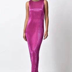 Kiran Uttam Ghosh Metallic Plum Pleated Dress