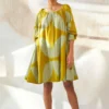 Khara Kapas Lime Yellow Clamp Dyed Flounce Dress