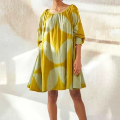 Khara Kapas Lime Yellow Clamp Dyed Flounce Dress