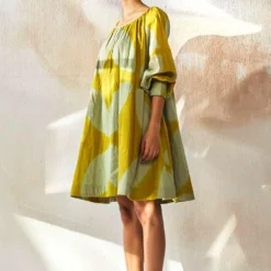 Khara Kapas Lime Yellow Clamp Dyed Flounce Dress -Cheap Drapvera Store 12923kk2 3