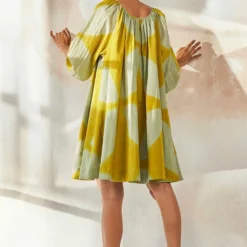 Khara Kapas Lime Yellow Clamp Dyed Flounce Dress -Cheap Drapvera Store 12923kk2 4