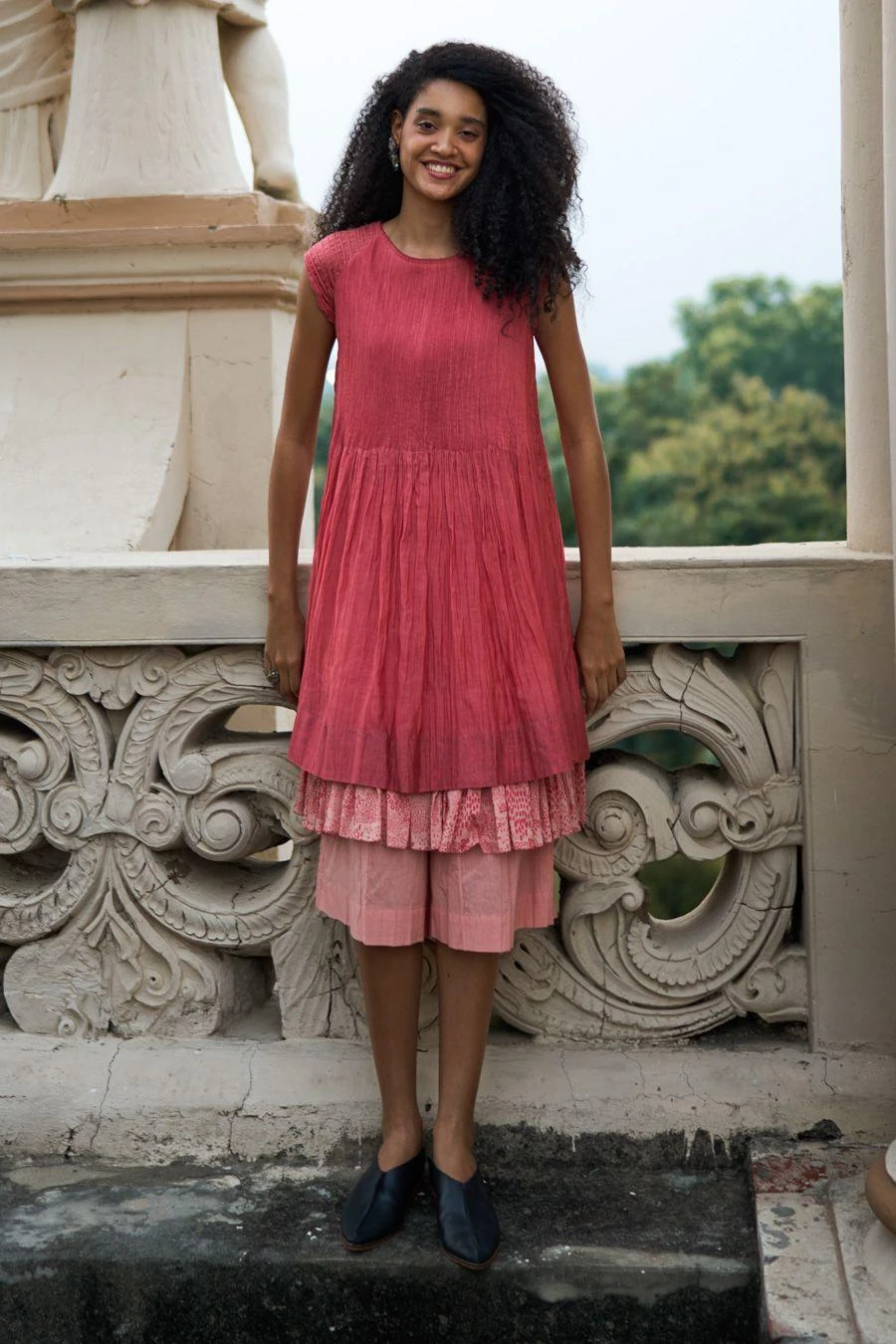 Swatti Kapoor Quartz Pink Layered Dress With Coral Culottes 1 Swatti Kapoor Quartz Pink Layered Dress With Coral Culottes