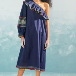 Ikai Navy Multi Applique Off Shoulder Dress