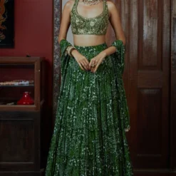 Arpita Mehta Green & Sand Garden Print Tiered Lehenga Set