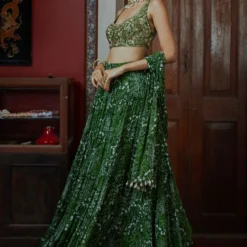 Arpita Mehta Green & Sand Garden Print Tiered Lehenga Set -Cheap Drapvera Store 1511am34 3
