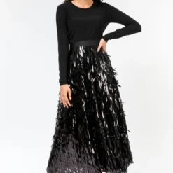 431-88 By Shweta Kapur Black Metallic Fringe Skirt