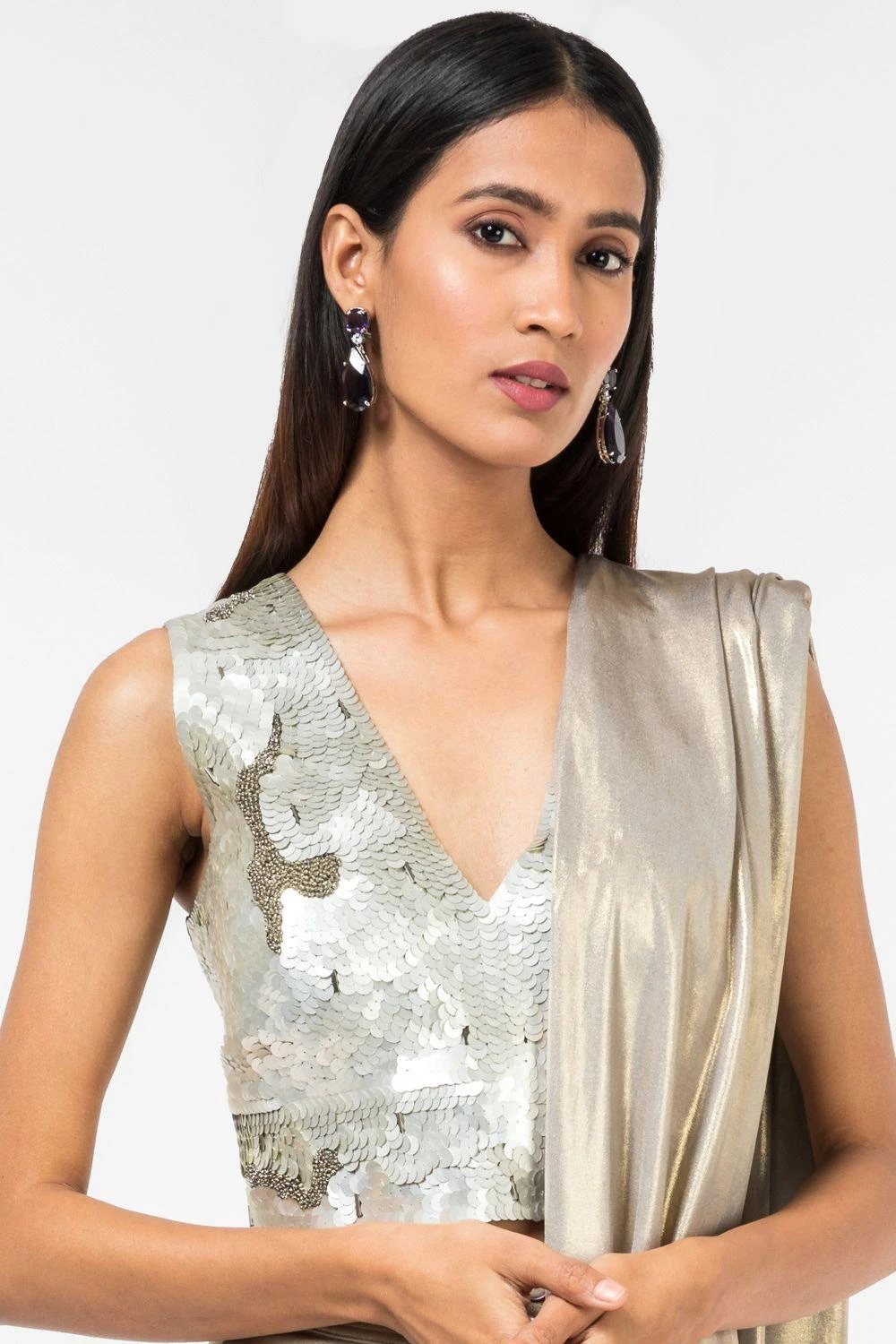 431-88 By Shweta Kapur New Champagne Sequinned V-neck Blouse 1 431-88 By Shweta Kapur New Champagne Sequinned V-neck Blouse