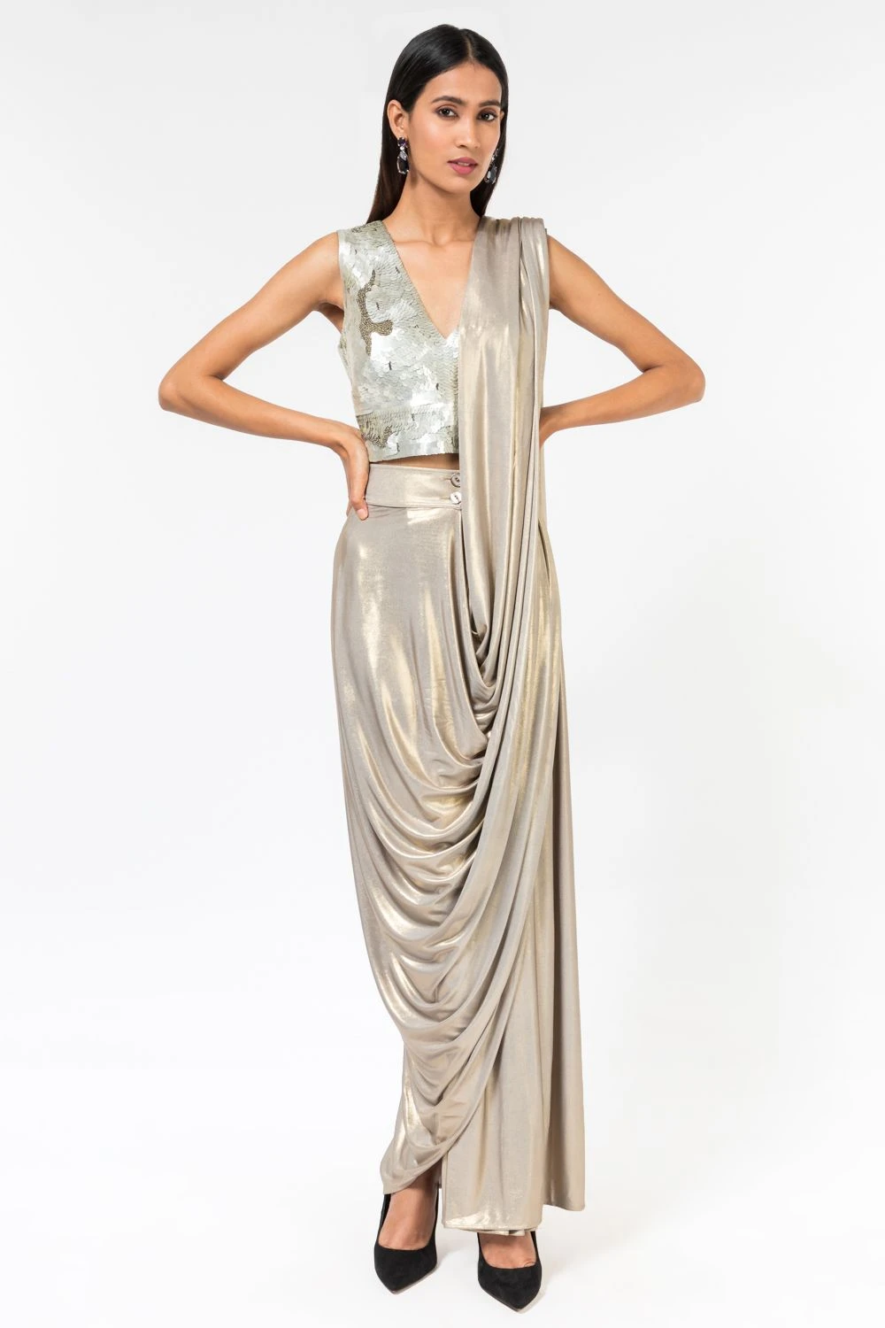 431-88 By Shweta Kapur New Champagne Sequinned V-neck Blouse 2 431-88 By Shweta Kapur New Champagne Sequinned V-neck Blouse - Image 2