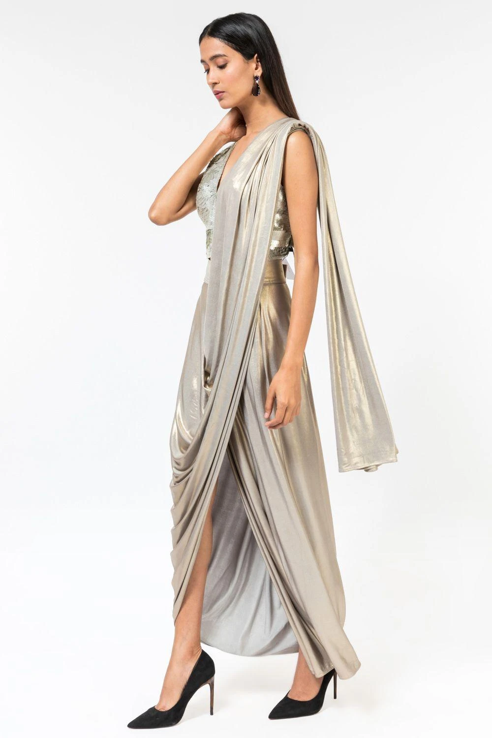 431-88 By Shweta Kapur New Champagne Sequinned V-neck Blouse 3 431-88 By Shweta Kapur New Champagne Sequinned V-neck Blouse - Image 3