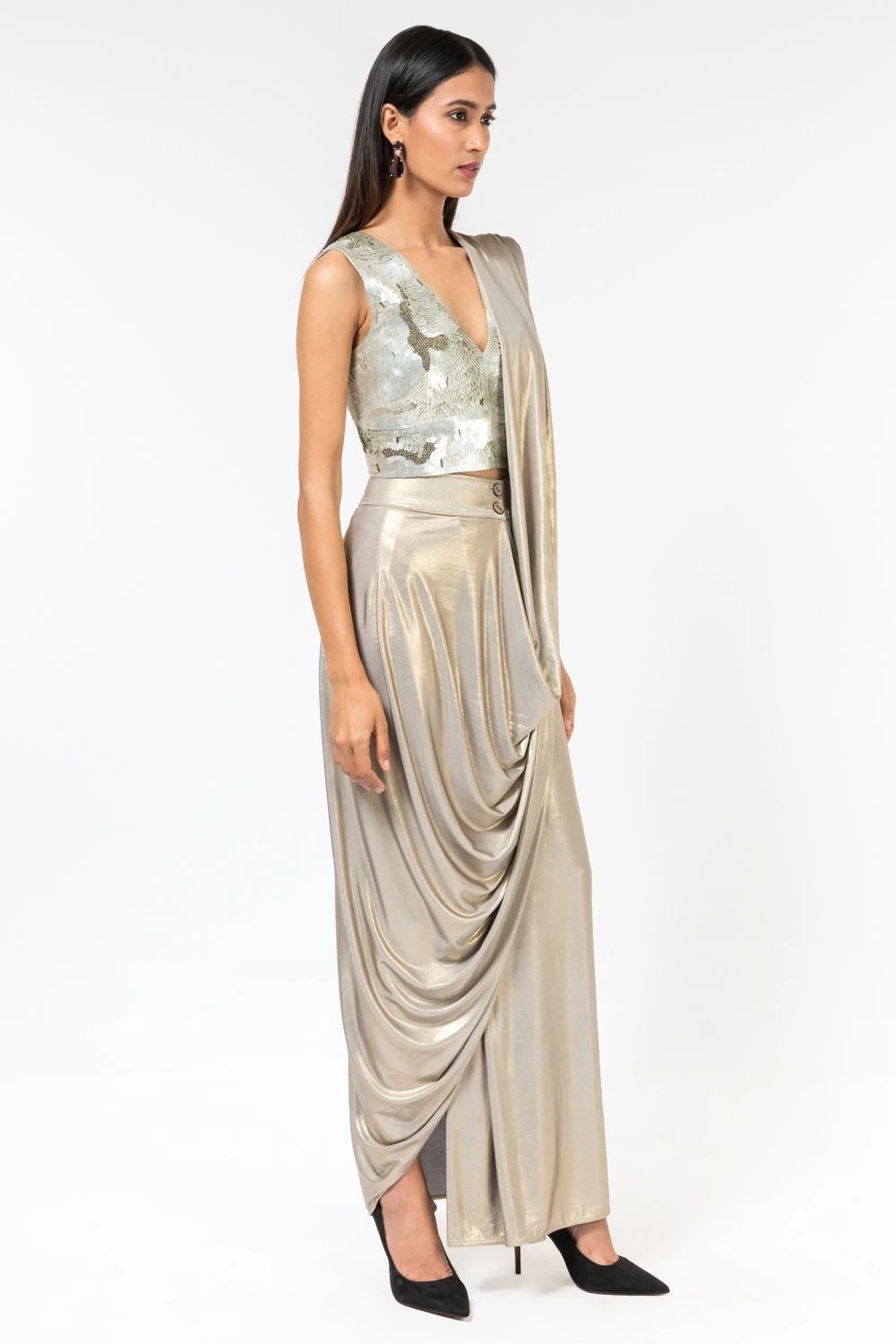 431-88 By Shweta Kapur New Champagne Sequinned V-neck Blouse 4 431-88 By Shweta Kapur New Champagne Sequinned V-neck Blouse - Image 4