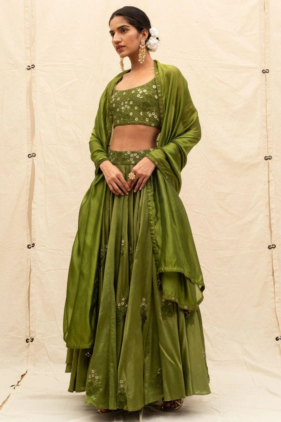 Punit Balana Olive Green Embellished Lehenga Set 3 Punit Balana Olive Green Embellished Lehenga Set - Image 3