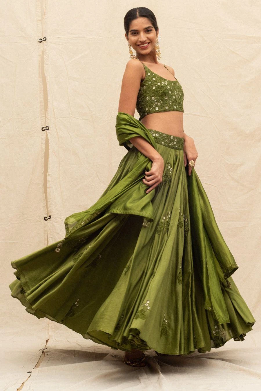 Punit Balana Olive Green Embellished Lehenga Set 4 Punit Balana Olive Green Embellished Lehenga Set - Image 4