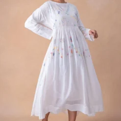 Injiri Pristine White Motif Adorned Cotton Dress -Cheap Drapvera Store 16124iri9 3