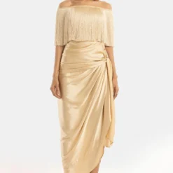 431-88 By Shweta Kapur Champagne Off Shoulder Fringe Top