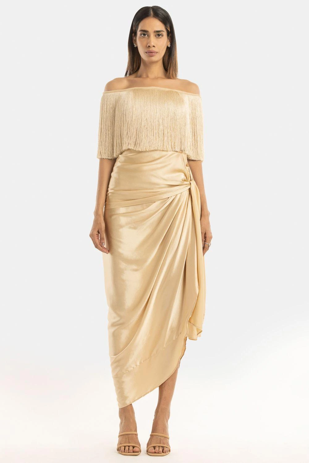 431-88 By Shweta Kapur Champagne Off Shoulder Fringe Top 1 431-88 By Shweta Kapur Champagne Off Shoulder Fringe Top