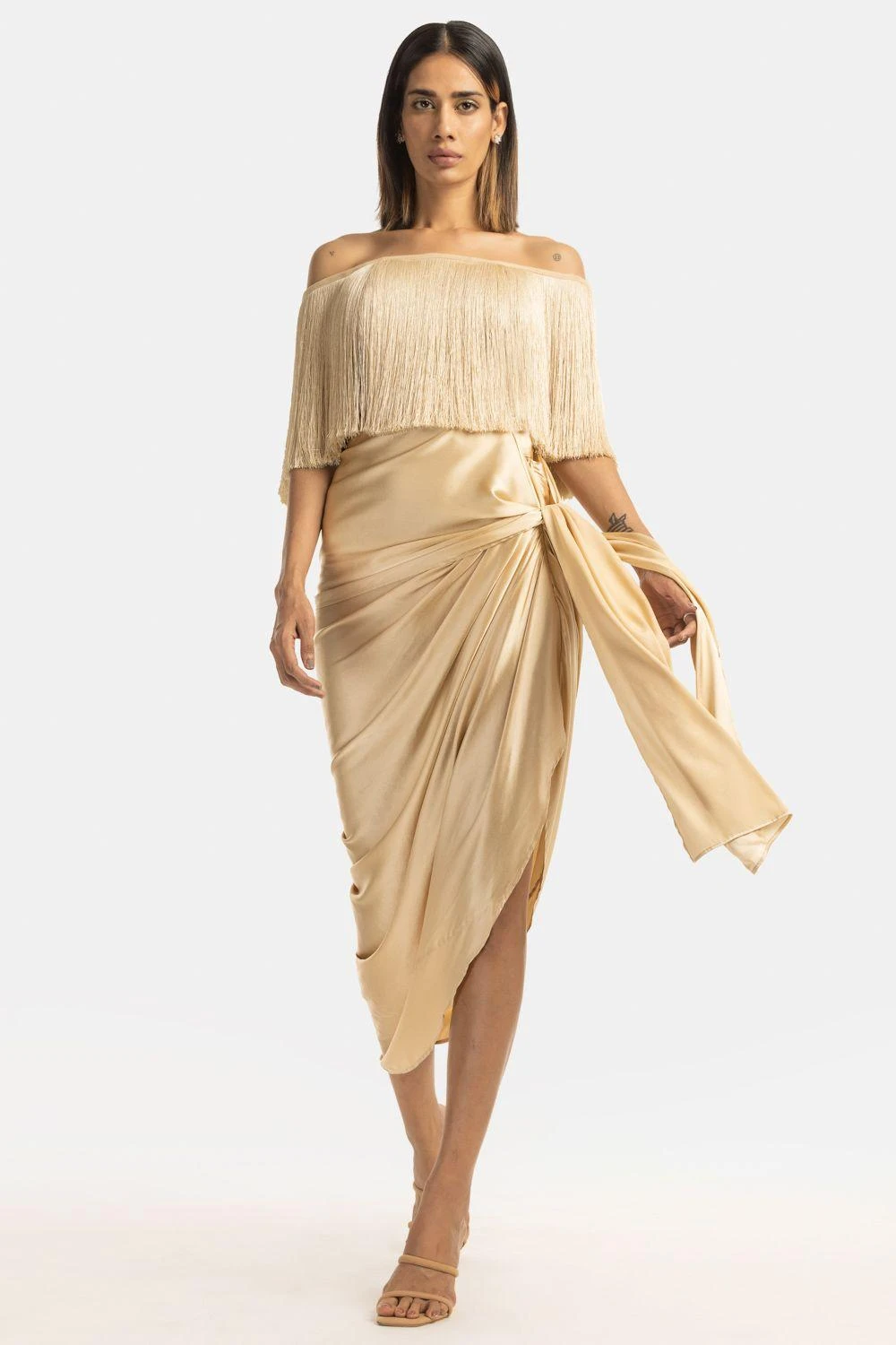 431-88 By Shweta Kapur Champagne Off Shoulder Fringe Top 2 431-88 By Shweta Kapur Champagne Off Shoulder Fringe Top - Image 2