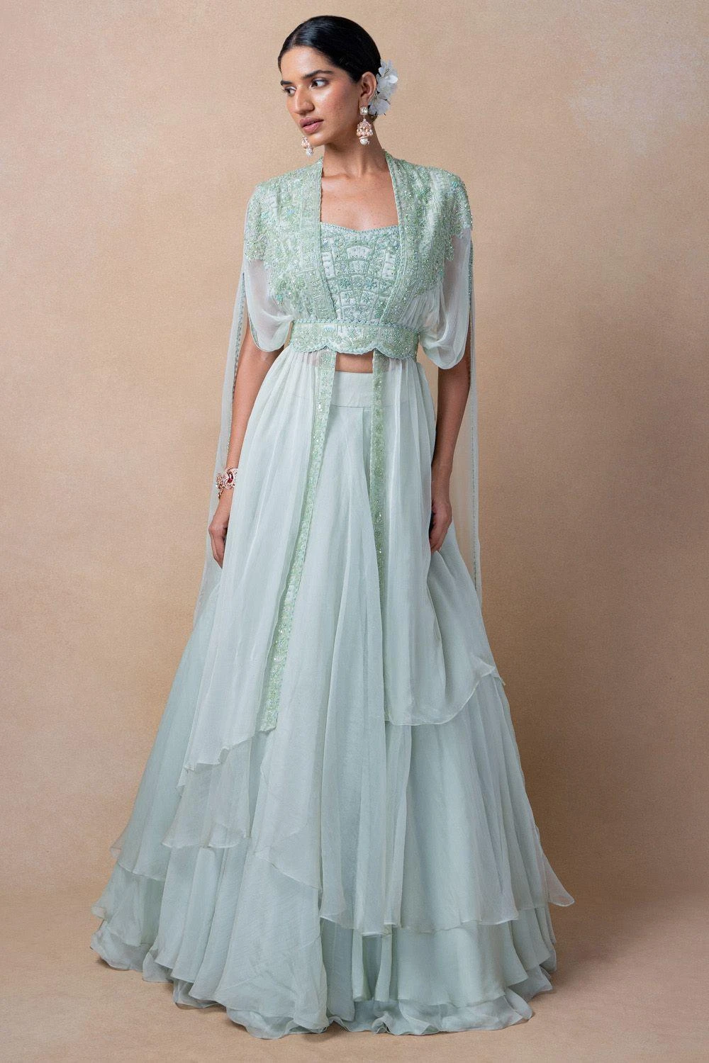 Ahilian Green Floral Embellished Cape Set 1 Ahilian Green Floral Embellished Cape Set