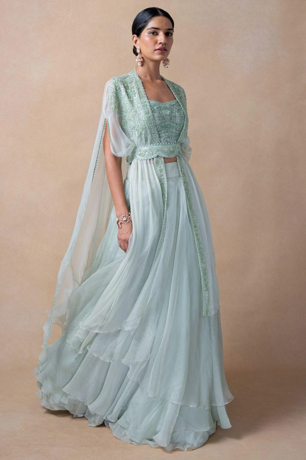 Ahilian Green Floral Embellished Cape Set 2 Ahilian Green Floral Embellished Cape Set - Image 2