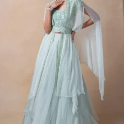 Ahilian Green Floral Embellished Cape Set 7 Ahilian Green Floral Embellished Cape Set -Cheap Drapvera Store 16623ah3 3