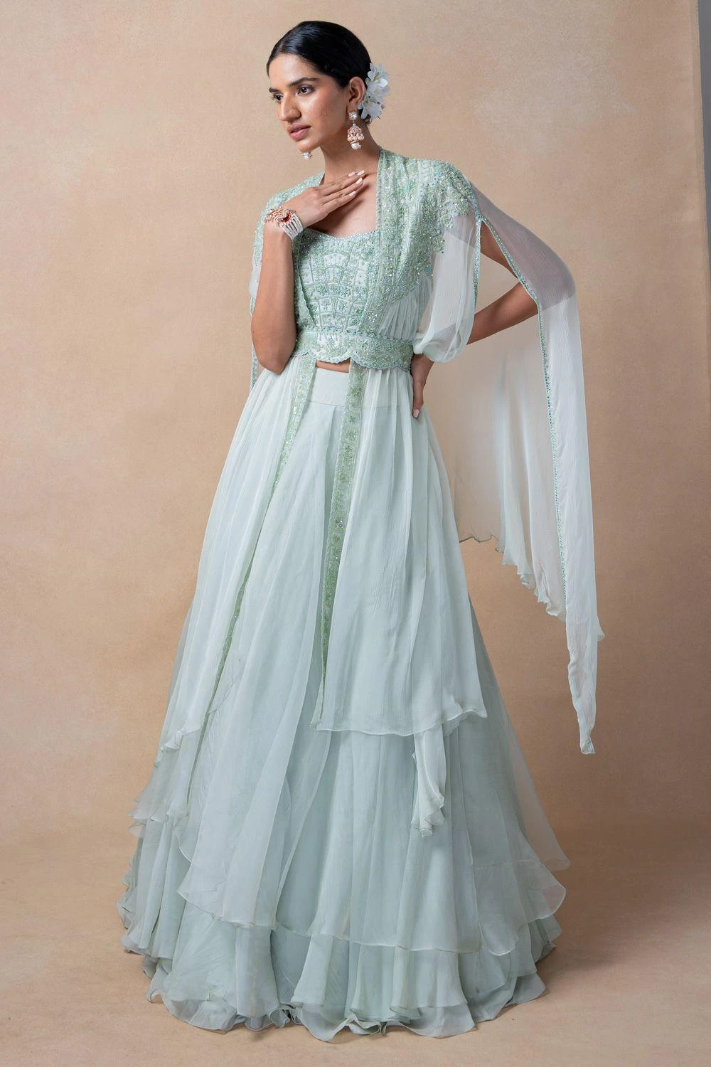 Ahilian Green Floral Embellished Cape Set 3 Ahilian Green Floral Embellished Cape Set - Image 3