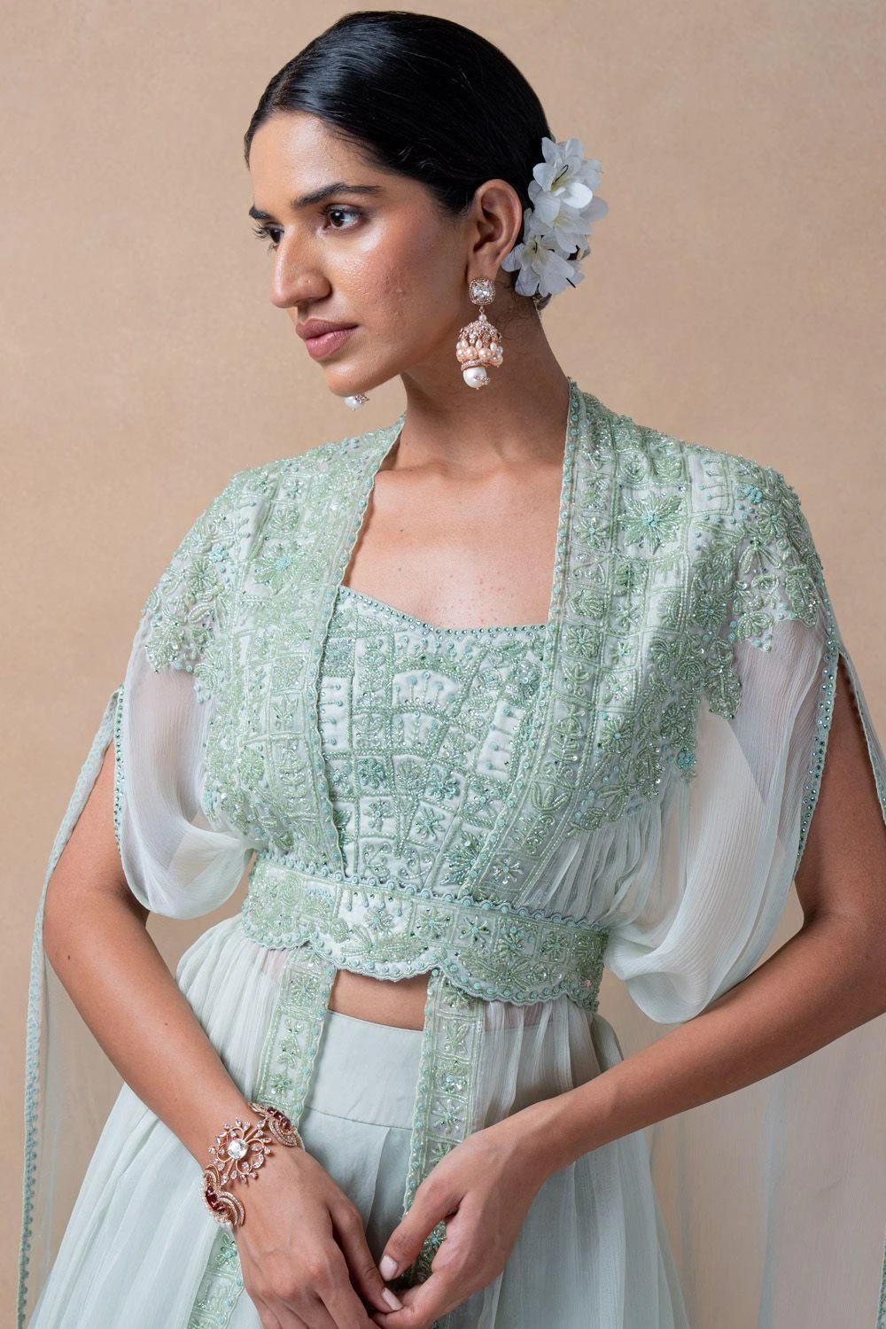 Ahilian Green Floral Embellished Cape Set 4 Ahilian Green Floral Embellished Cape Set - Image 4
