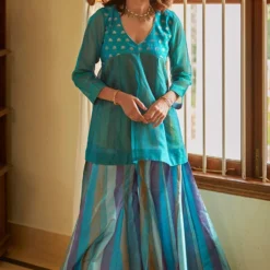 OhFab Aqua Malhari Handwoven Silk Gharara