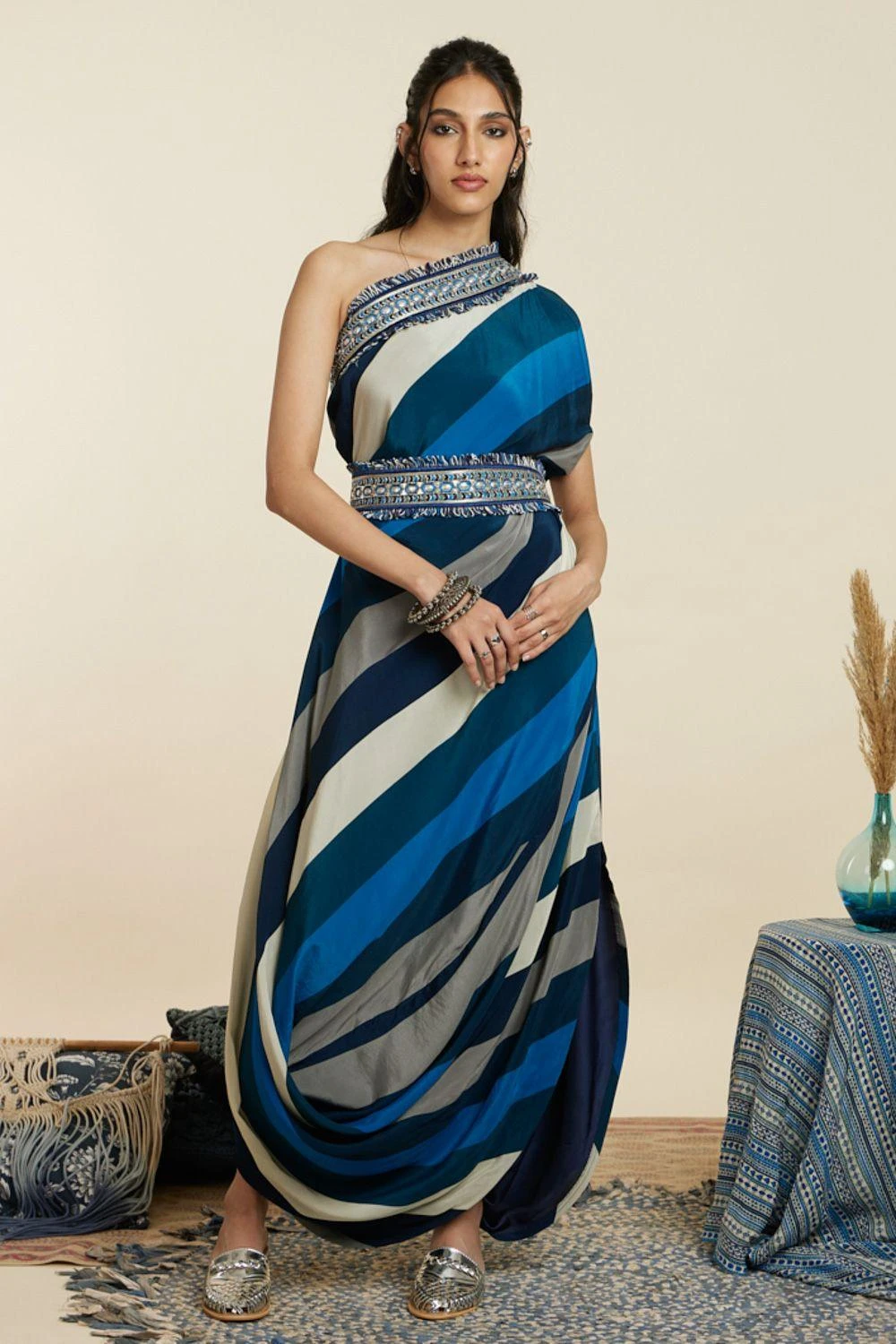 SVA Blue-Hued Stripe Print One-Shoulder Cowl Dress 1 SVA Blue-Hued Stripe Print One-Shoulder Cowl Dress