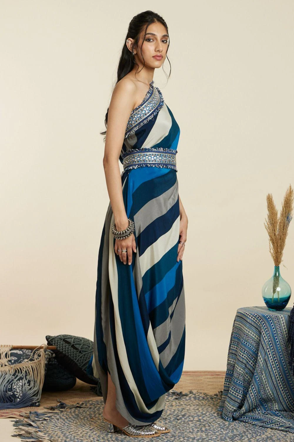 SVA Blue-Hued Stripe Print One-Shoulder Cowl Dress 2 SVA Blue-Hued Stripe Print One-Shoulder Cowl Dress - Image 2