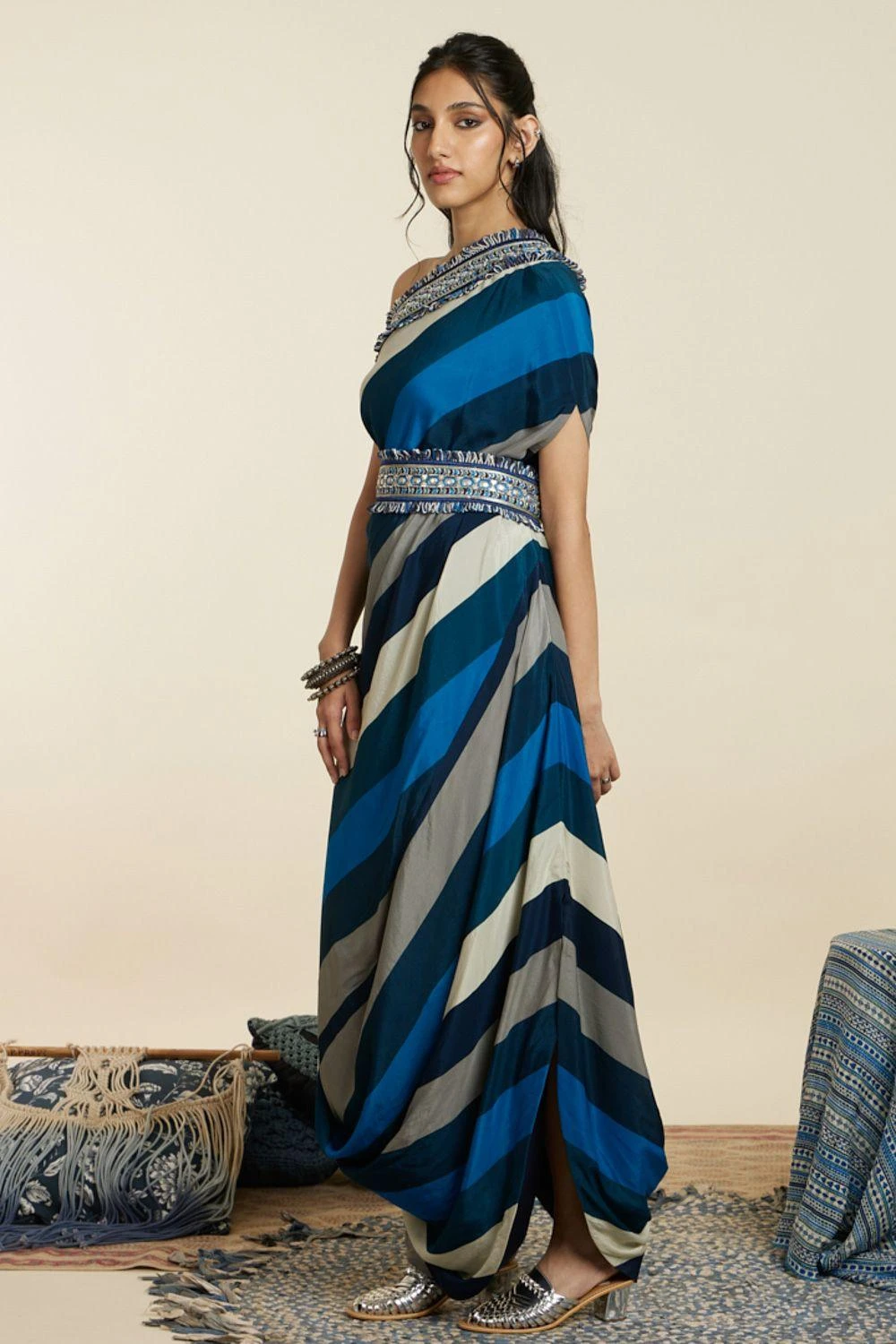SVA Blue-Hued Stripe Print One-Shoulder Cowl Dress 3 SVA Blue-Hued Stripe Print One-Shoulder Cowl Dress - Image 3