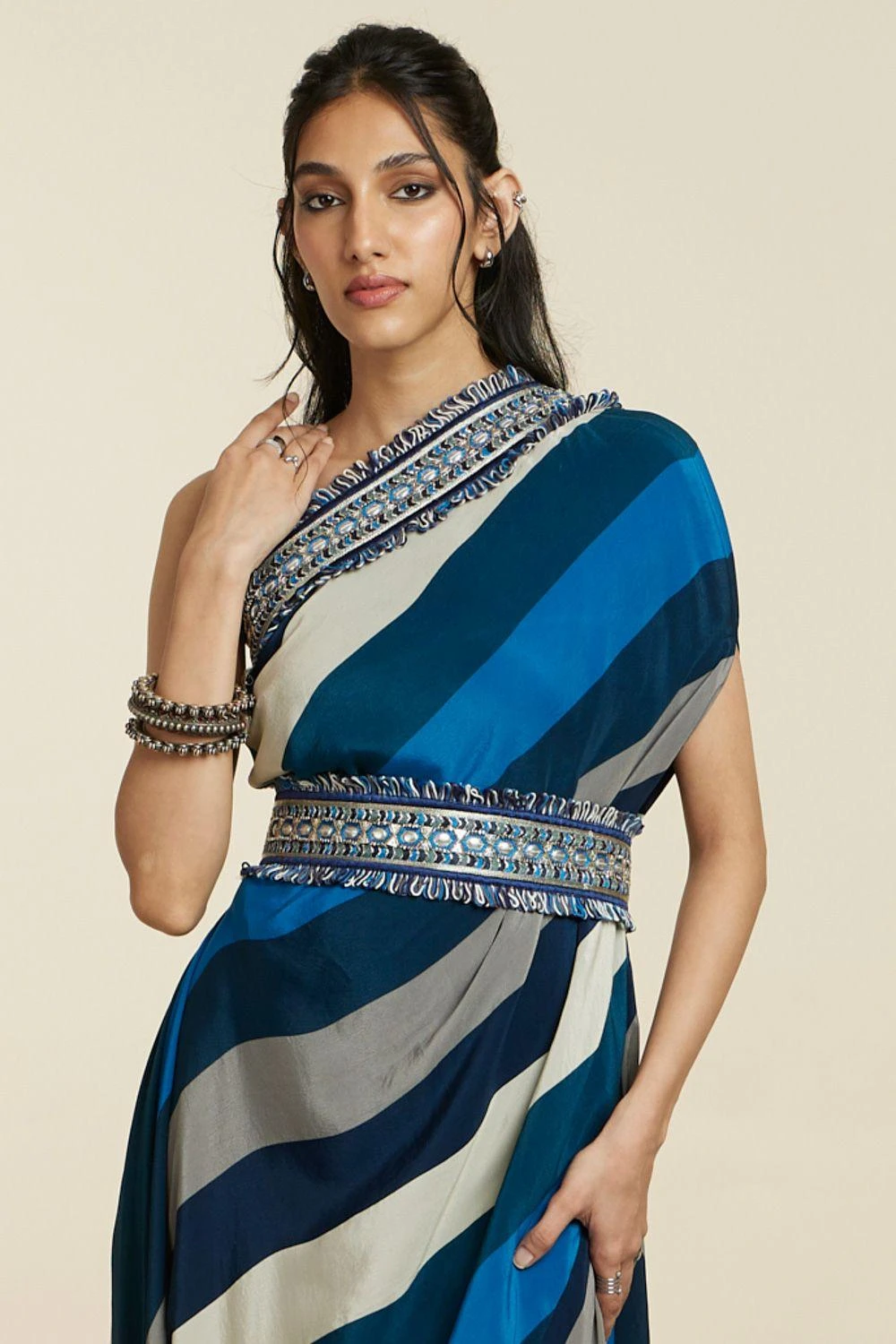 SVA Blue-Hued Stripe Print One-Shoulder Cowl Dress 4 SVA Blue-Hued Stripe Print One-Shoulder Cowl Dress - Image 4