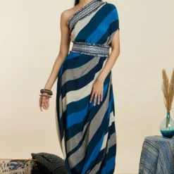 SVA Blue-Hued Stripe Print One-Shoulder Cowl Dress 11 SVA Blue-Hued Stripe Print One-Shoulder Cowl Dress -Cheap Drapvera Store 181123sva90 5