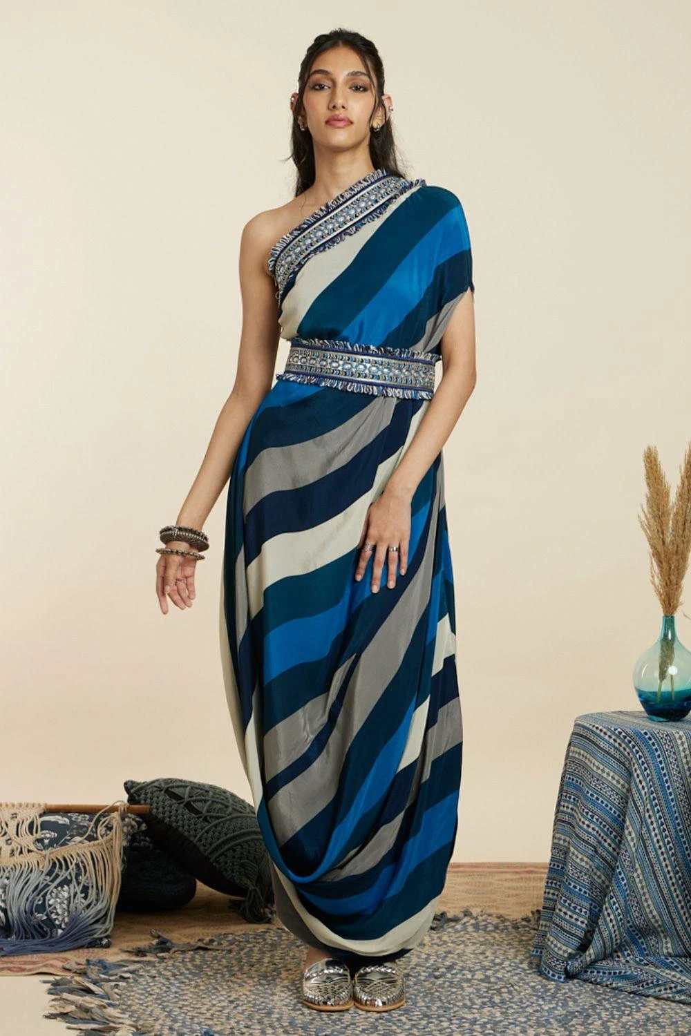 SVA Blue-Hued Stripe Print One-Shoulder Cowl Dress 5 SVA Blue-Hued Stripe Print One-Shoulder Cowl Dress - Image 5
