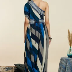 SVA Blue-Hued Stripe Print One-Shoulder Cowl Dress 13 SVA Blue-Hued Stripe Print One-Shoulder Cowl Dress -Cheap Drapvera Store 181123sva90 7
