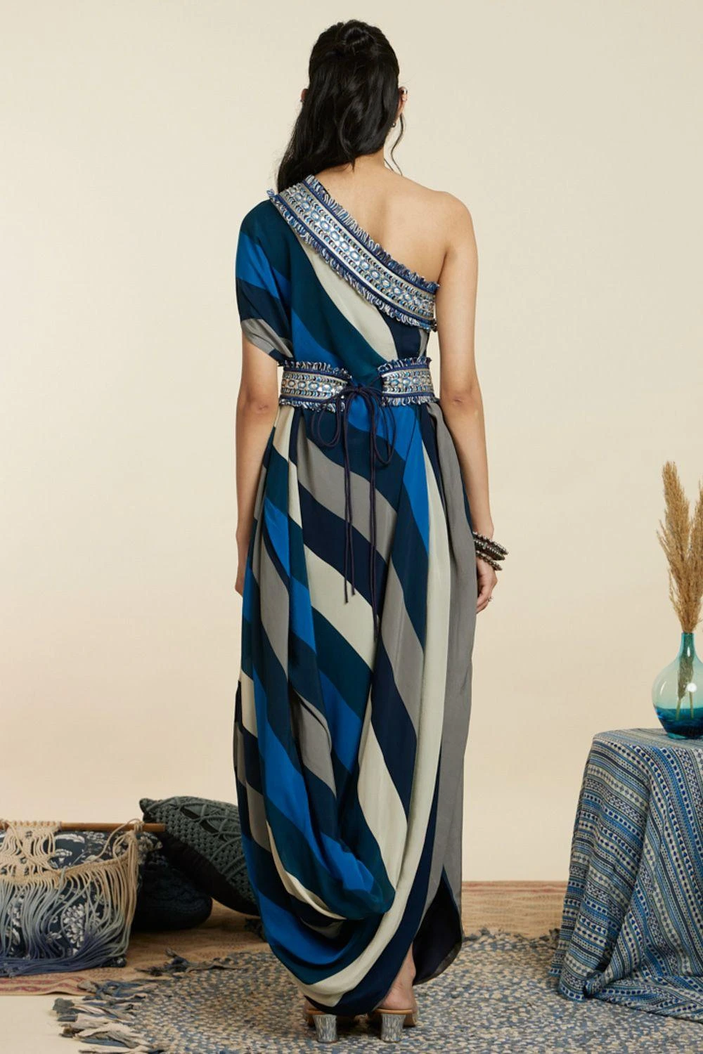 SVA Blue-Hued Stripe Print One-Shoulder Cowl Dress 7 SVA Blue-Hued Stripe Print One-Shoulder Cowl Dress - Image 7