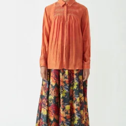 Payal Pratap Saffron Printed Shirt With Smocking Details
