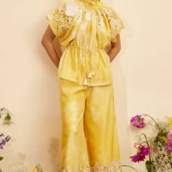 Chandrima Yellow Contrast Threadwork Smocked Top