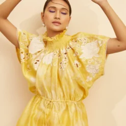 Chandrima Yellow Contrast Threadwork Smocked Top -Cheap Drapvera Store 20032023ca71 3