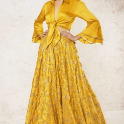 Gopi Vaid Mustard Embroidered Lehenga & A Tie Up Shirt