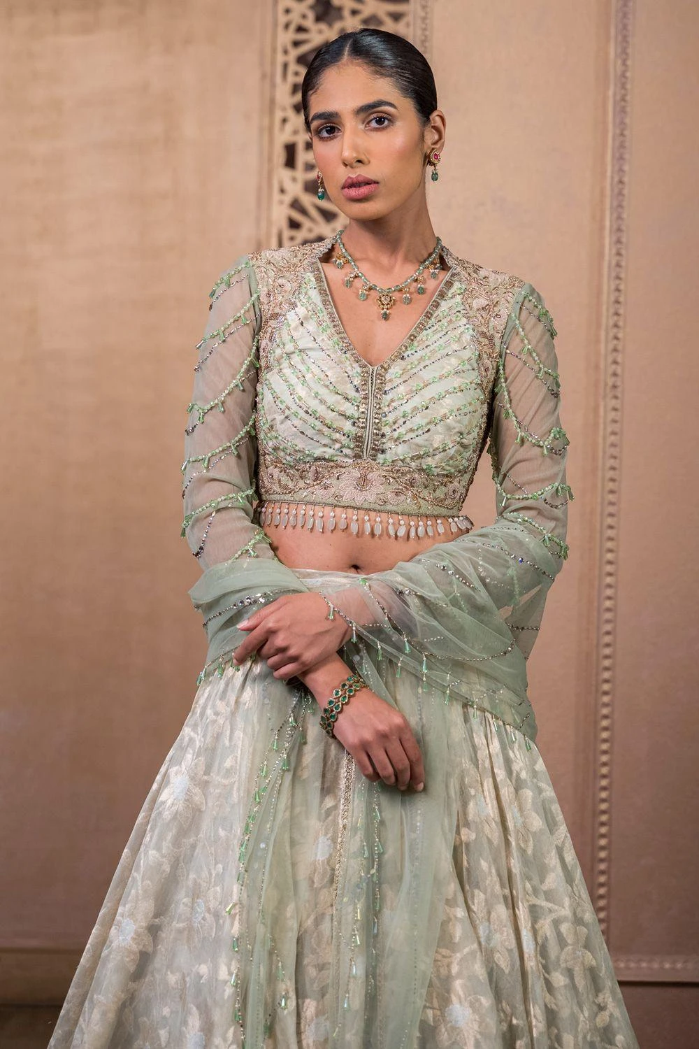 Tarun Tahiliani Sage Green Hand Embellished Lehenga Set 2 Tarun Tahiliani Sage Green Hand Embellished Lehenga Set - Image 2