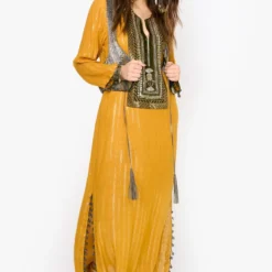Heirloom By Rara Avis Yellow Ochre Embroidered Column Dress