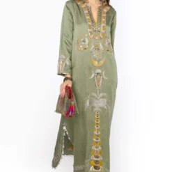 Heirloom By Rara Avis Sage Green Hamsa Embroidered Column Dress