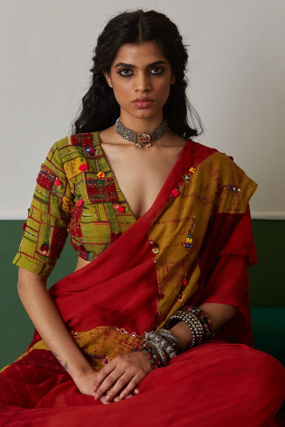 Medha Green Hand Embroidered Backless Blouse 1 Medha Green Hand Embroidered Backless Blouse