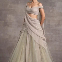 Tarun Tahiliani Grey Draped Lehenga Set