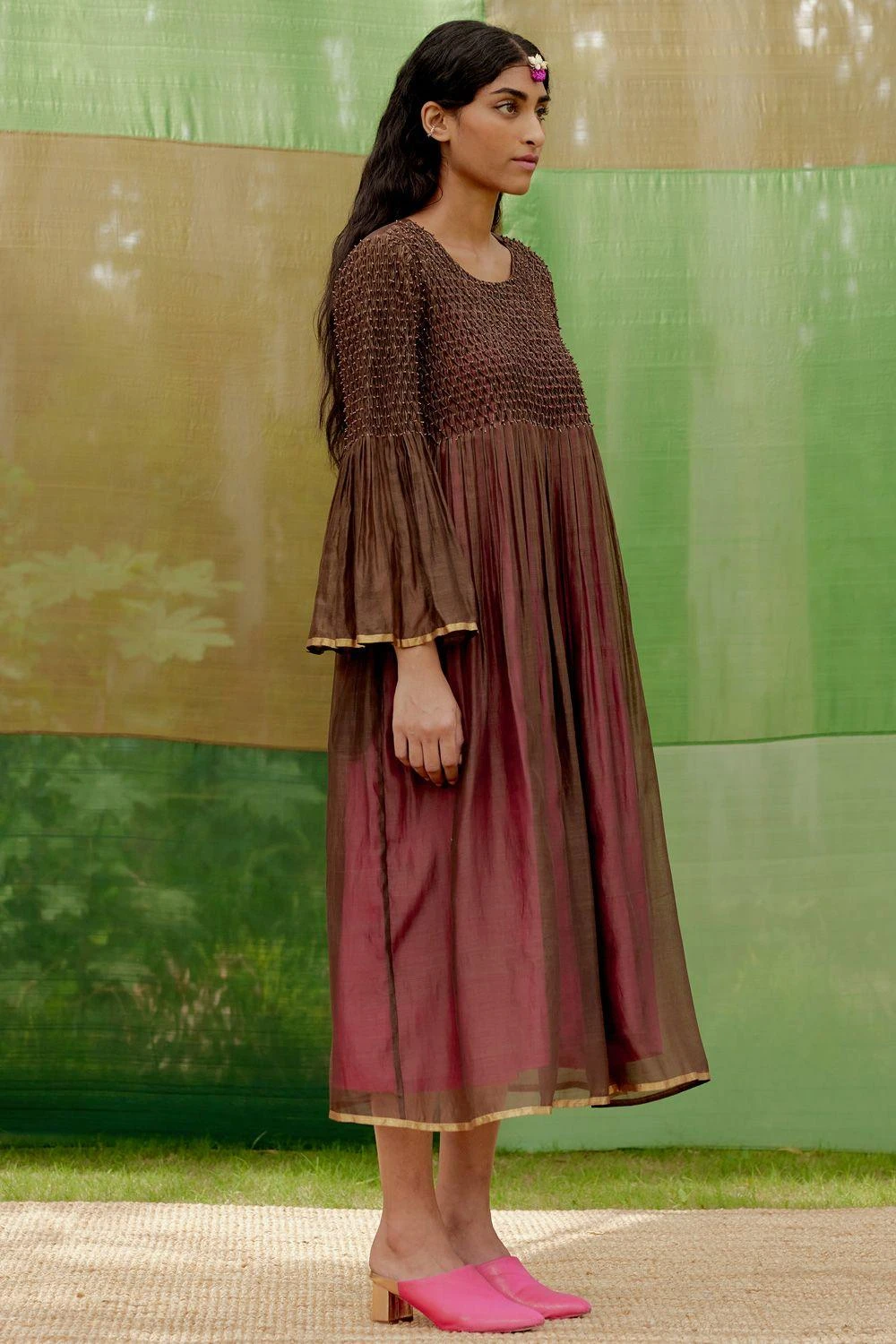 SWGT Brown Silk Chanderi Bead Dress 2 SWGT Brown Silk Chanderi Bead Dress - Image 2