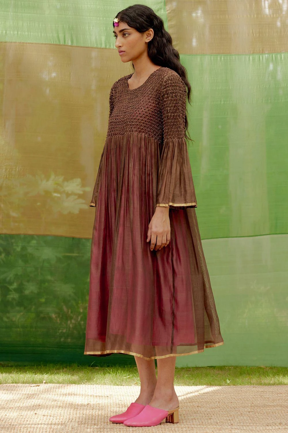 SWGT Brown Silk Chanderi Bead Dress 3 SWGT Brown Silk Chanderi Bead Dress - Image 3