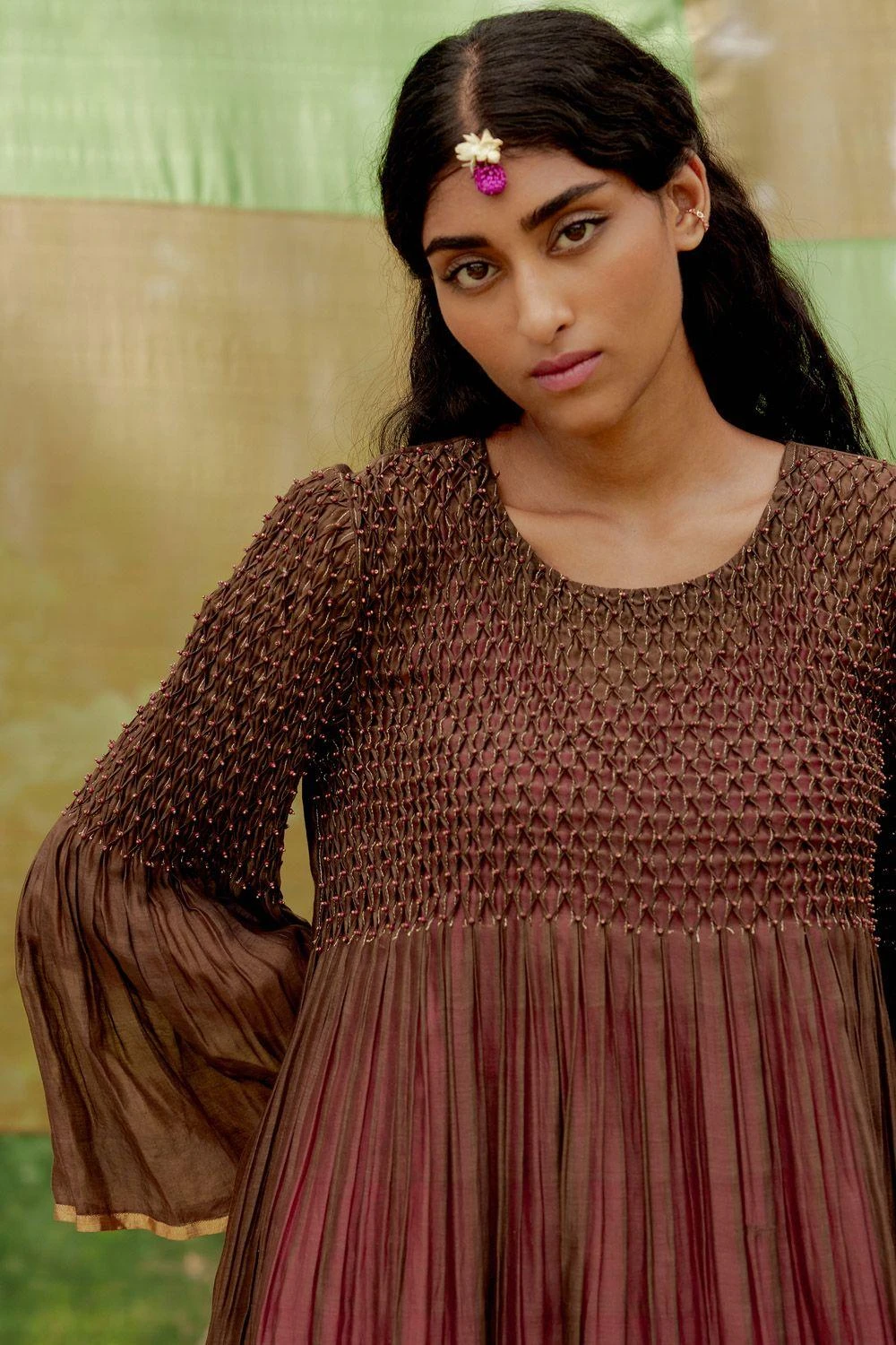 SWGT Brown Silk Chanderi Bead Dress 4 SWGT Brown Silk Chanderi Bead Dress - Image 4